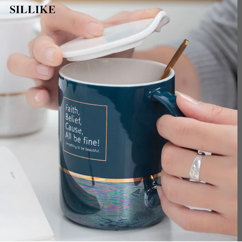 

Golden Inlay Ceramics Coffee Milk Tea Mug With Lid And Spoon Nordic Style Porcelain Breakfast Cup Drinkware Novelty G Wholesale