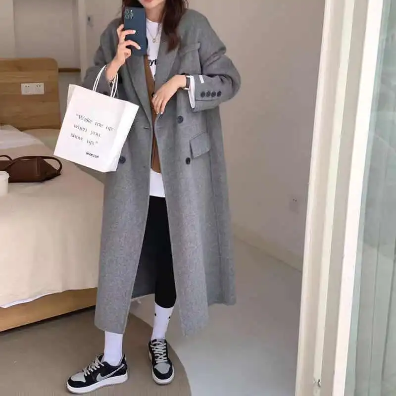 

Women's Long Coat Retro Streetwear Gray Korean Loose Fashion Windbreaker Casual Wool Coat 2022 Spring Autumn Woman Coat