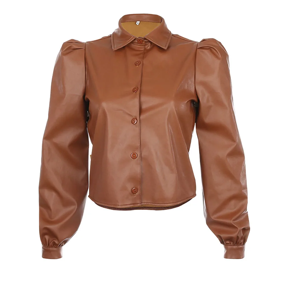 

Новая женская Повседневная Блузка с длинным рукавом-фонариком из искусственной кожи с воротником на пуговицах