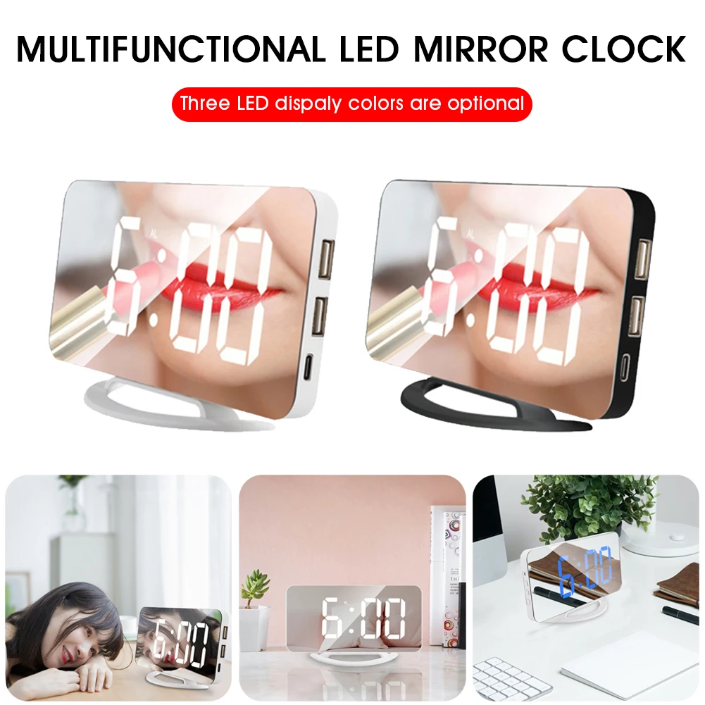 

LED Digital Clock USB Snooze Auto Dimming Backup Battery Desktop Mirror Clock Electric Alarm Clock Mirror Surface with 2.1A Dual