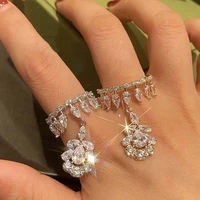 shiny rhinestone zircon butterfly pendant round open rings wedding jewelry for women crystal water drop adjustable finger ring