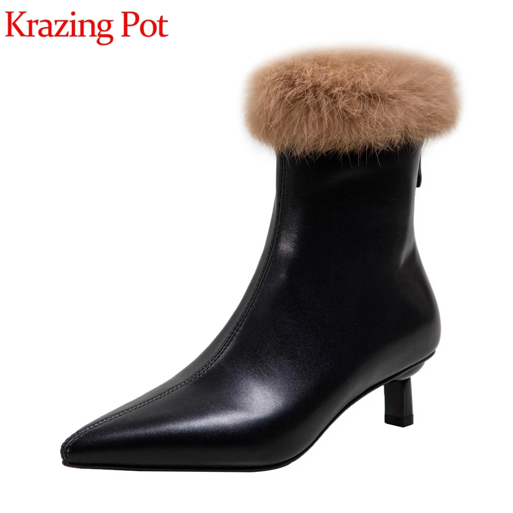 

Популярные зимние современные ботинки Krazing Pot из микрофибры с кроличьим мехом и острым носком, ботильоны на среднем каблуке-шпильке для зрел...