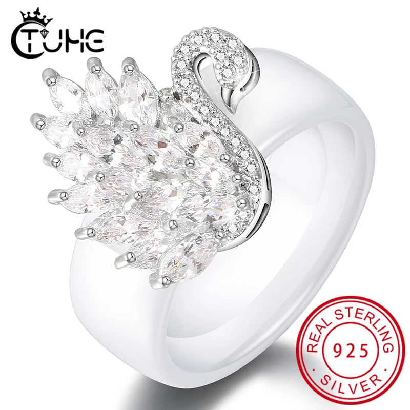 Женское керамическое кольцо с лебедем белое обручальное шириной 8 мм вечерние