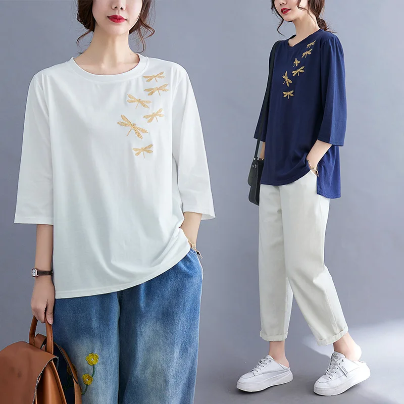 

Women Plus Size T Shirt 2021 Summer New Cotton Embroidered 3/4 Sleeve Loose Casual Tops O Neck Pullover Tee