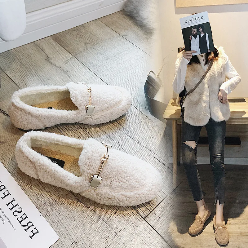 Женские меховые туфли на плоской подошве теплые зимние тапочки из