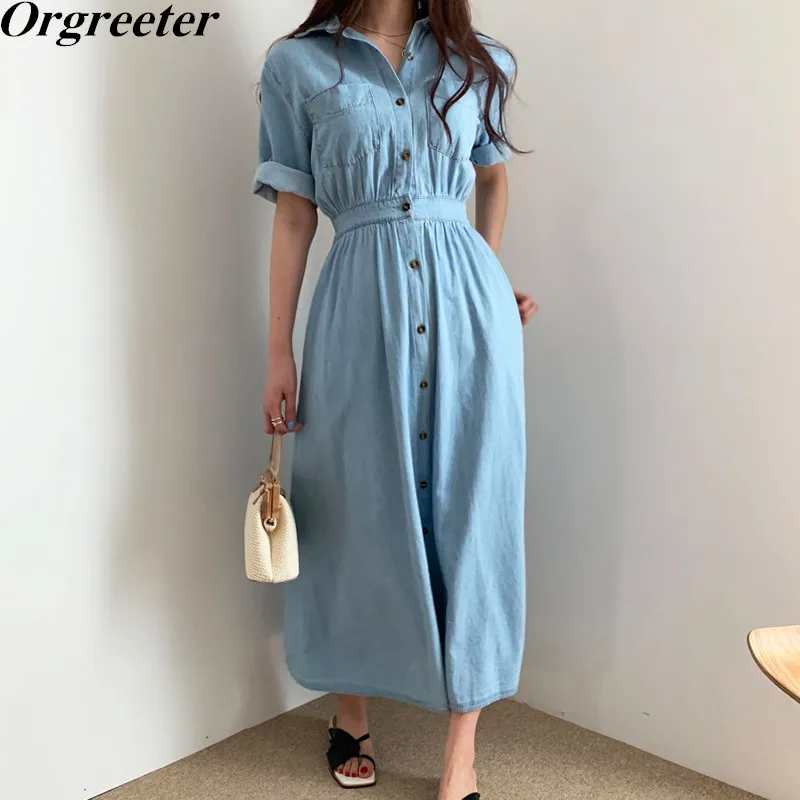 Летнее Новое тонкое джинсовое платье с коротким рукавом и отложным воротником