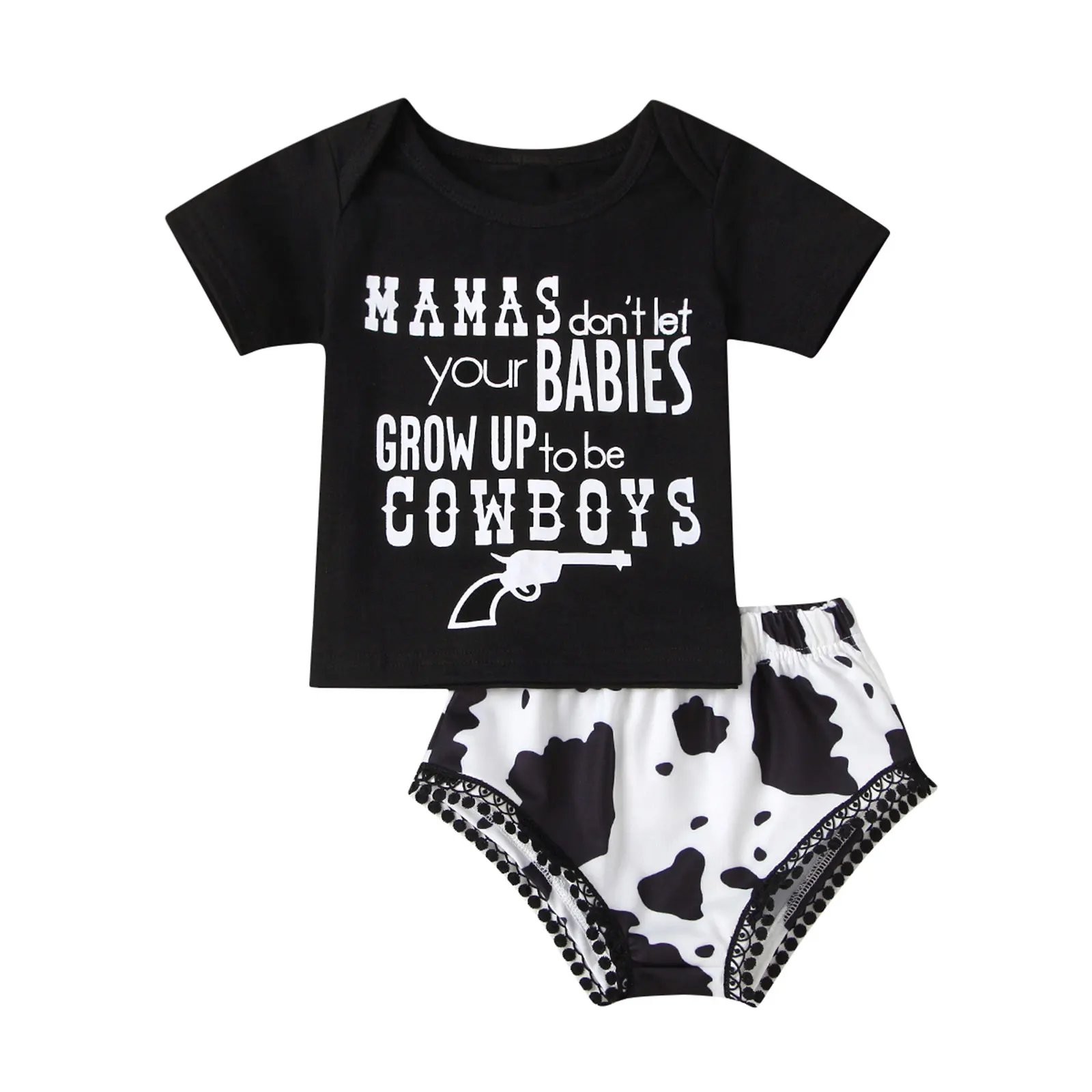 

2Pcs Fashionable Baby Girls Outfit, Toddlers Sweet Style Summer Round Collar Short Sleeve Letter Top + Cow Print Lace Shorts
