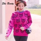 Женский вязаный свитер She Beaty, Повседневный пуловер с кошачьим принтом, топ в Корейском стиле