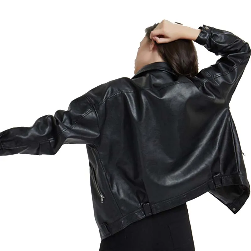 Boyfriend Style Black Faux Leather Biker Jacket for Women Cute Ladies Punk Rock Raglan Sleeve Slant Zipper PU Leather Jacket