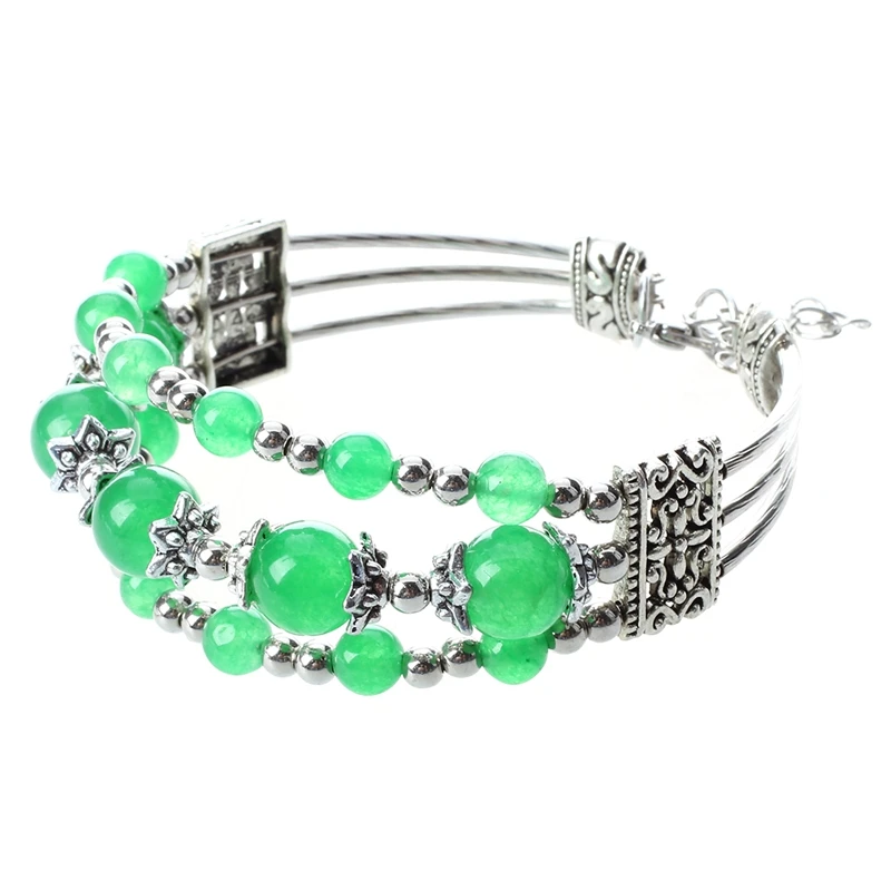 Браслет из тибетского серебристого и зеленого нефрита | Украшения аксессуары
