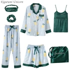 Женский пижамный комплект, из 7 предметов, полосатая пижама из искусственного шелка, мягкая домашняя одежда для весны, лета, осени