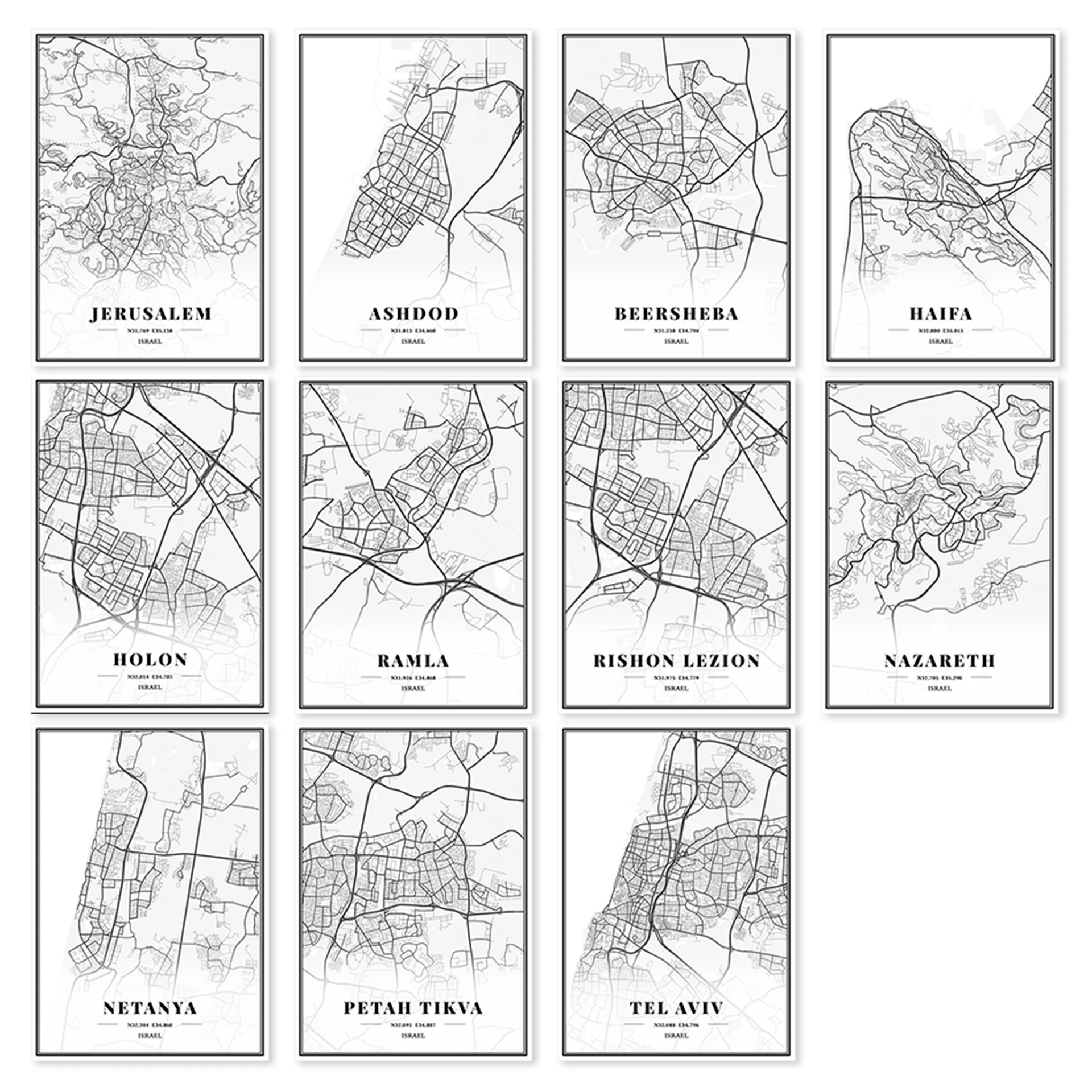 Израиль Jerusalem Beersheba Тель Авив Rishon Lezion City Maps холщовые картины винтажные крафт
