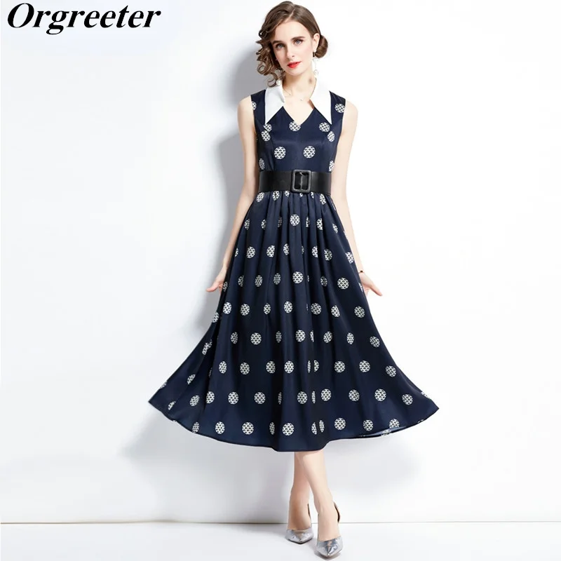 

Vintage Polka Dots Print Nave Blue Long Dress Women's Sleeveless Lapel V Neck Stitching High Waist Belted Robe Femme Vestidos