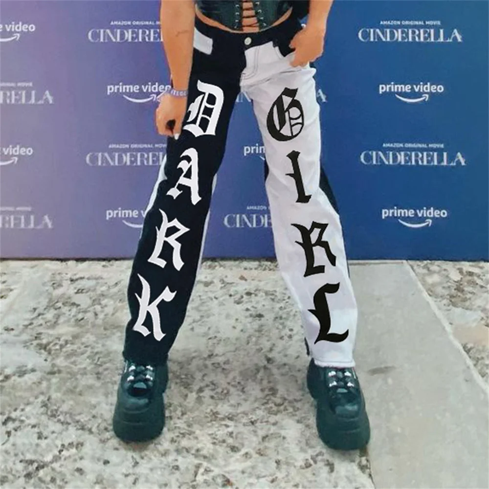 

Punk Gothic Alt Letter Print Jeans Women Black White Patchwork Cargo Pants Harajuku Grunge Trousers 90S Goth Jogger Streetwear