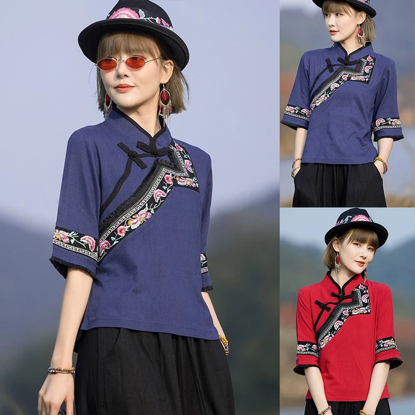 

3XL Chinese Style Clothing Women Ethnic Buttons Cotton Linen Tops 2021 Summer New Short Sleeve Blouse Plus Size Women Hanfu