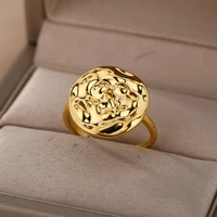 engraved rose rings for women stainless steel gold color round flower ring vintage gothic aesthetic jewelry anillos mujer