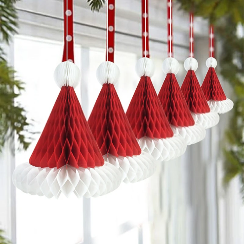 

5pcs Christmas Hat Decorations Honeycomb Santa Claus Hats Hanging Christmas Ornament For Xmas Party Festival Decoration