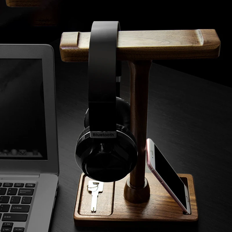 

Black Walnut Wood & Aluminum Headphone Stand Nature Walnut Gaming Headset Holder with Solid Metal Base for Table Desk Display