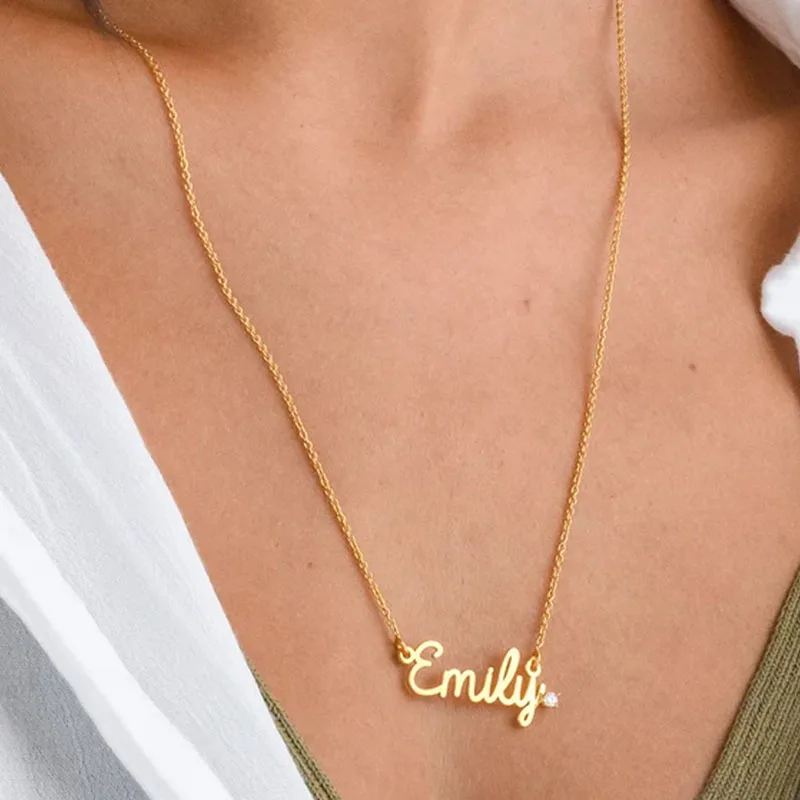 Stainless Steel Thin Chain Name Necklace Personalized Customized Crystal Stone Embellished Gold-color Silver-color Rose-gold