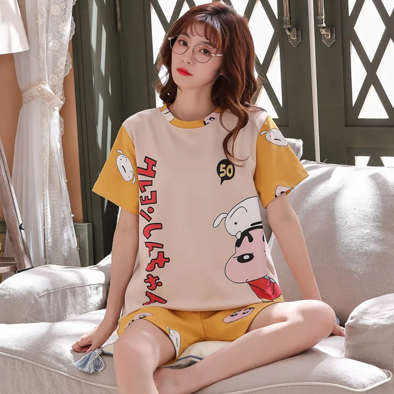 

Women Summer Short Sleeves Cotton Cartoon Printing Kawaii Japanese Style Soft Sleepwear Loose Lovely Girls Nightwear Pajamas Set