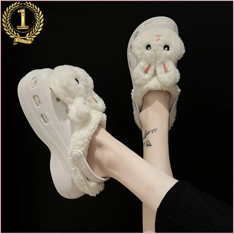 

Furry Slippers Women Clogs Quick Wedges Platform Garden Shoes Beach Home Thick Sole Increased Flip Flops Fur Slides for Female