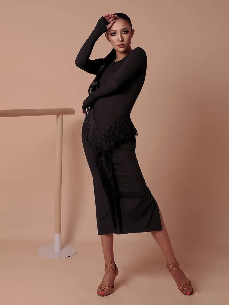 ZYMdancestyle The Curve Fringes Maxi Dress #2046H ZYM tassel dress Rumba long sleeves for professional latin dancer | Тематическая