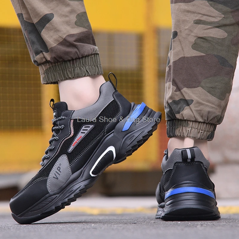 

new safety shoes for men work sneakers anti-stab women work safety boots breathable male security boots steel toe Kevlar shoes