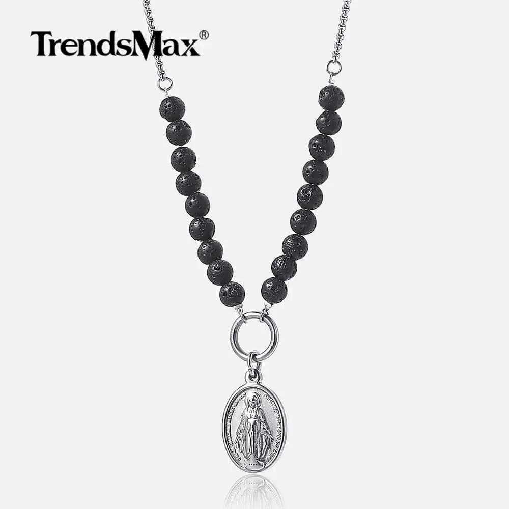 Trendsmax, ожерелье с кулоном Девы Марии, бусы из лавы для женщин и мужчин, диффузор эфирного масла, ожерелье на цепочке, ювелирное изделие, подарок DN108