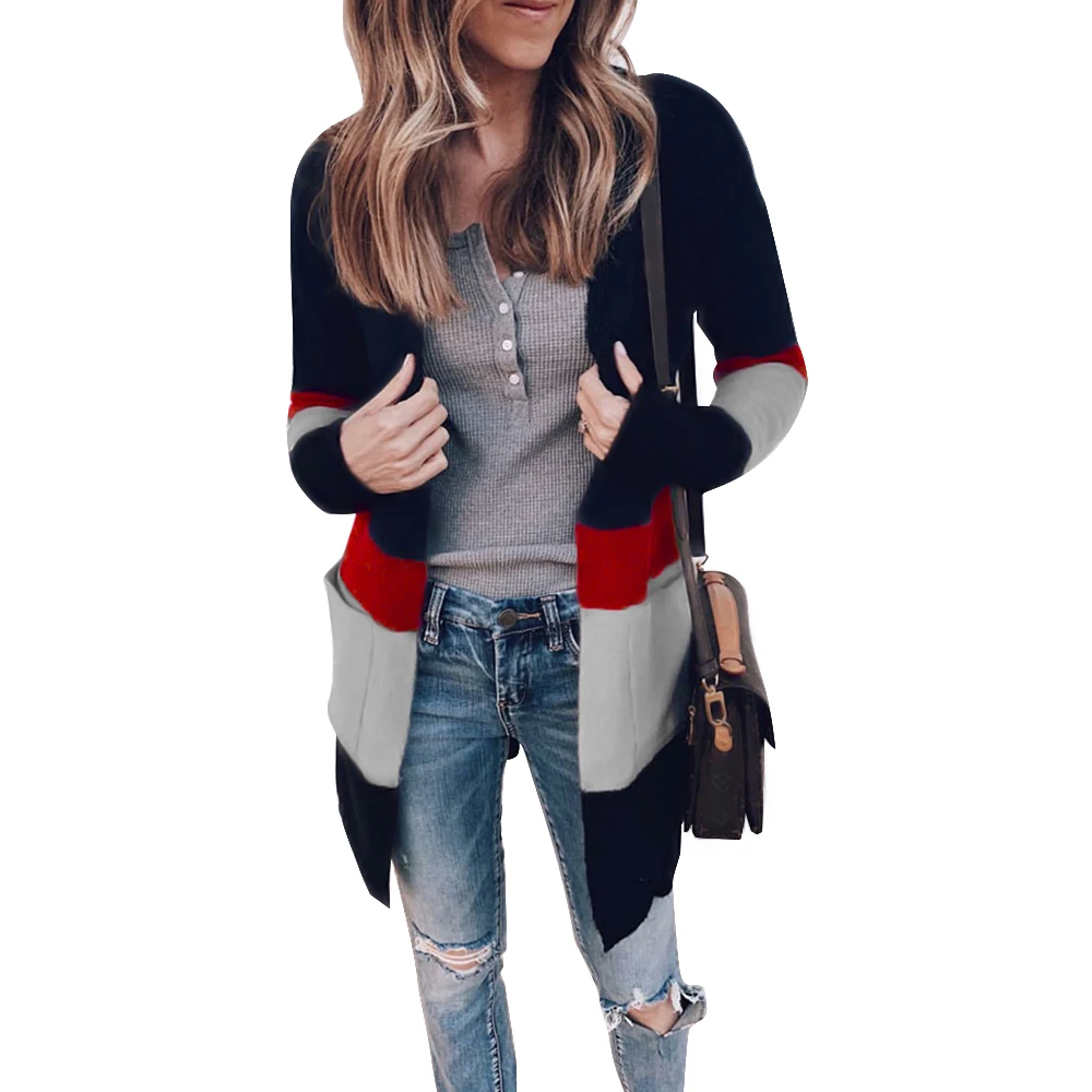 

Women Pockets Long Sleeve Chic Cardigan Spring Autumn Casual Colorblock Coat Female Slim Fit Ladies Outwear Soft Long Knitwear
