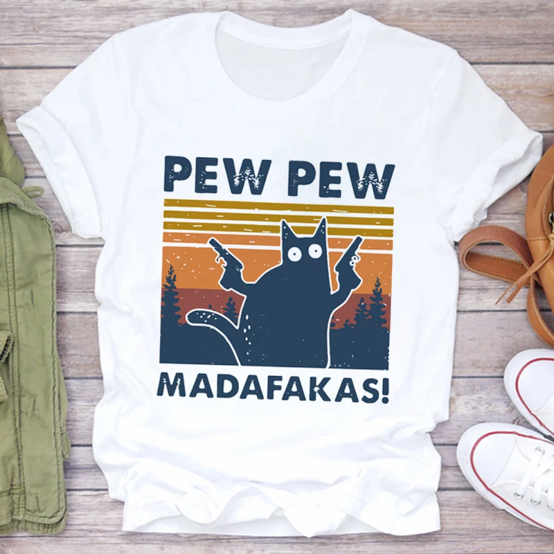 Футболка Pew Madafakas белая футболка большого размера с принтом черного кота