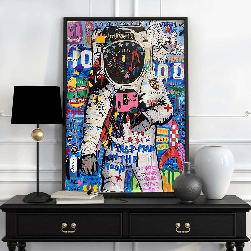 

Graffiti Modern Space Starry Art Canvas Painting Astronaut Poster Printing First Landing on the Moon Picture Living Room Wall Ho