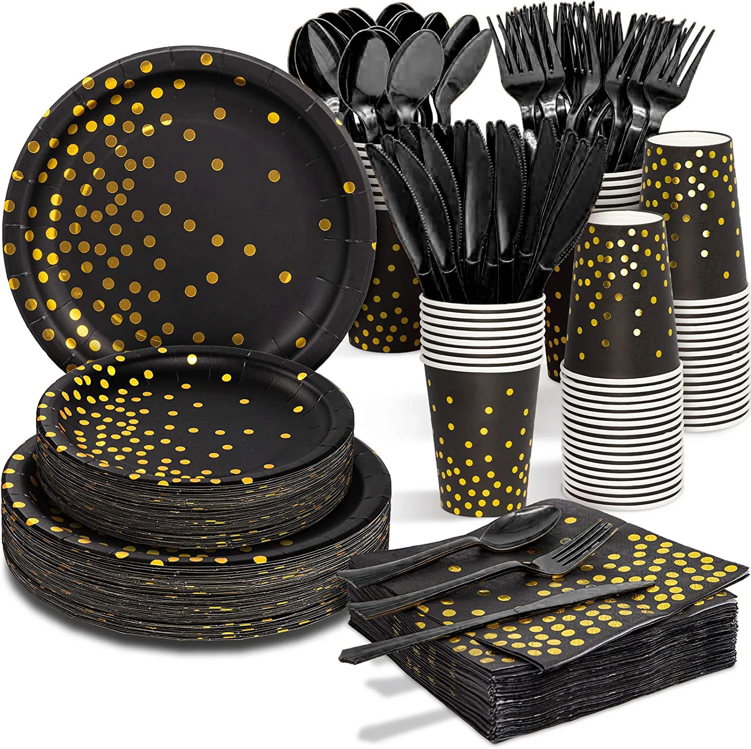 Набор одноразовой столовой посуды из черного золота салфеток чашек ножей ложек