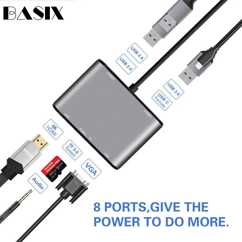 Basix Type C концентратор USB-C HDMI VGA адаптер Thunderbolt 3 Type-C PD TF 5 мм Слот для чтения USB3.0 MacBookPro