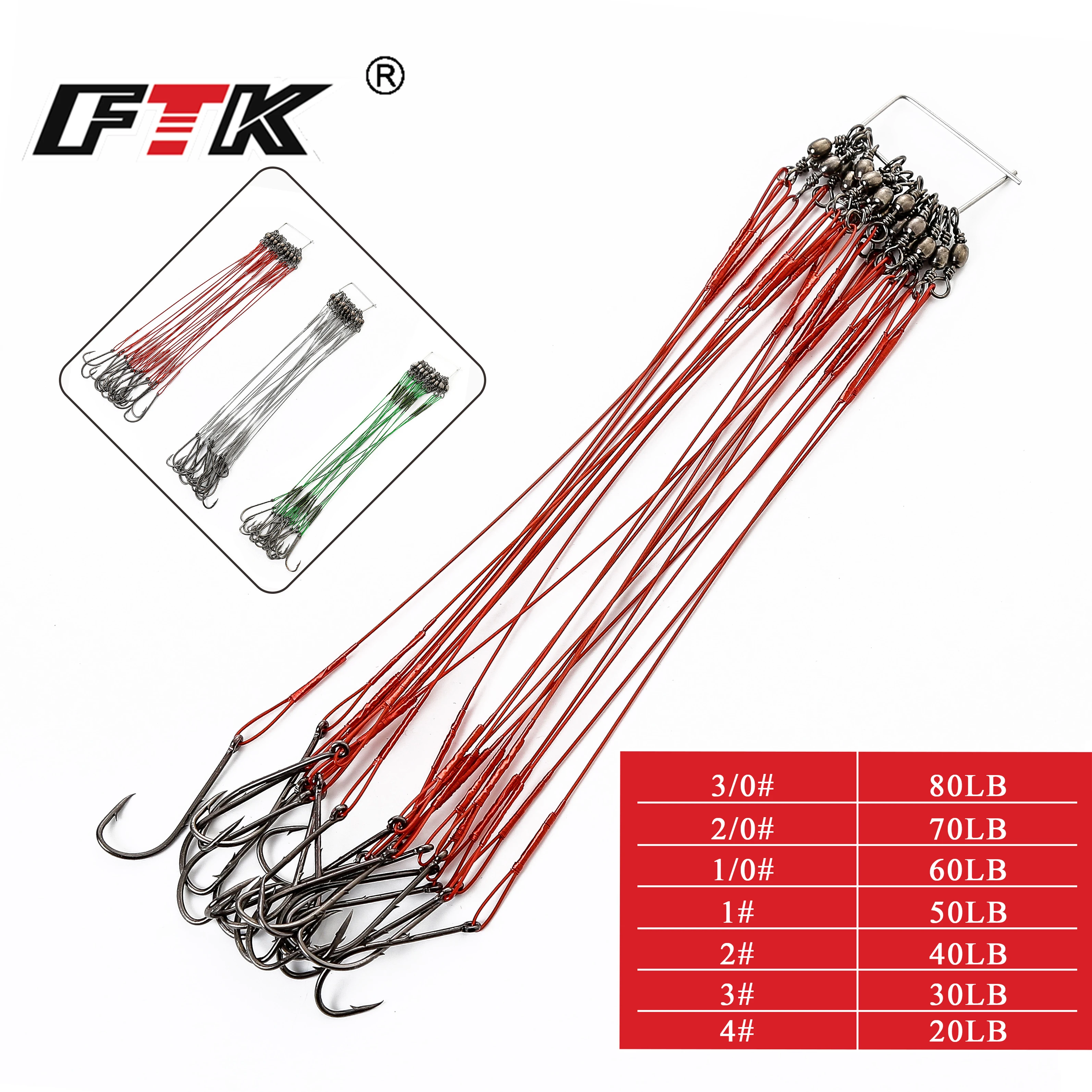 

FTK 20pcs/lot 3 Colors 20LB-80LB Reversed HooksFishing Line Steel Wire Leader With Swivel Fishing Accessory