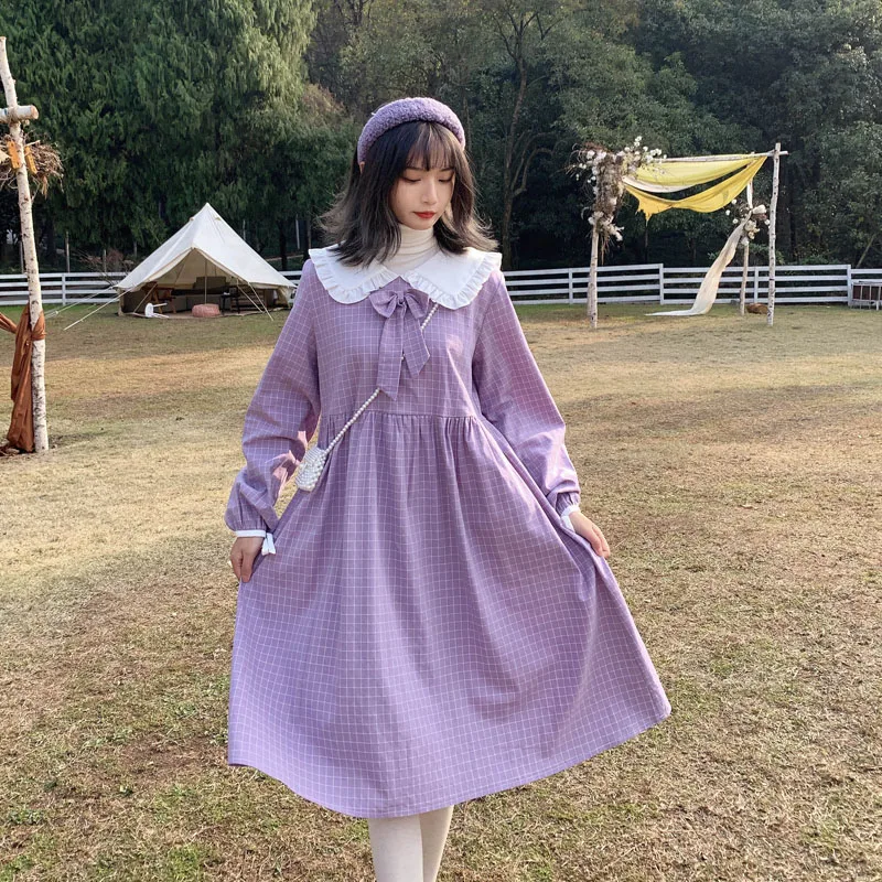 Женское платье с воротником Питер Пэн фиолетовое свободное в клетку бантом милые