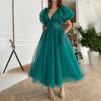 elegant green v neck dotted tulle prom dress a line puff sleeves ruched evening dresses buttoned top tea length prom gowns