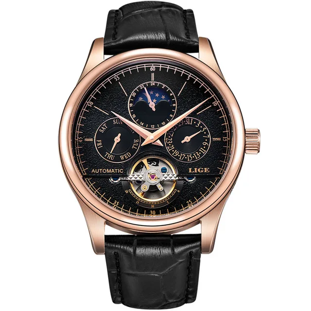 gold black LIGE, брендовые автоматические мужские часы, механические часы, Tourbillon, спортивные часы, кожа, Бизнес Стиль, Ретро стиль, часы Relojes Hombre+ коробка - Цвет: gold black