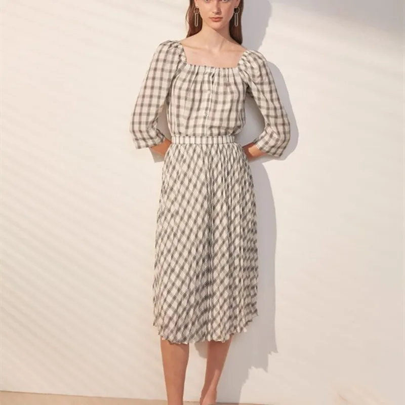 Plaid Midi Skirt Women's Pleated Vintage Female Jupe 2021 Summer