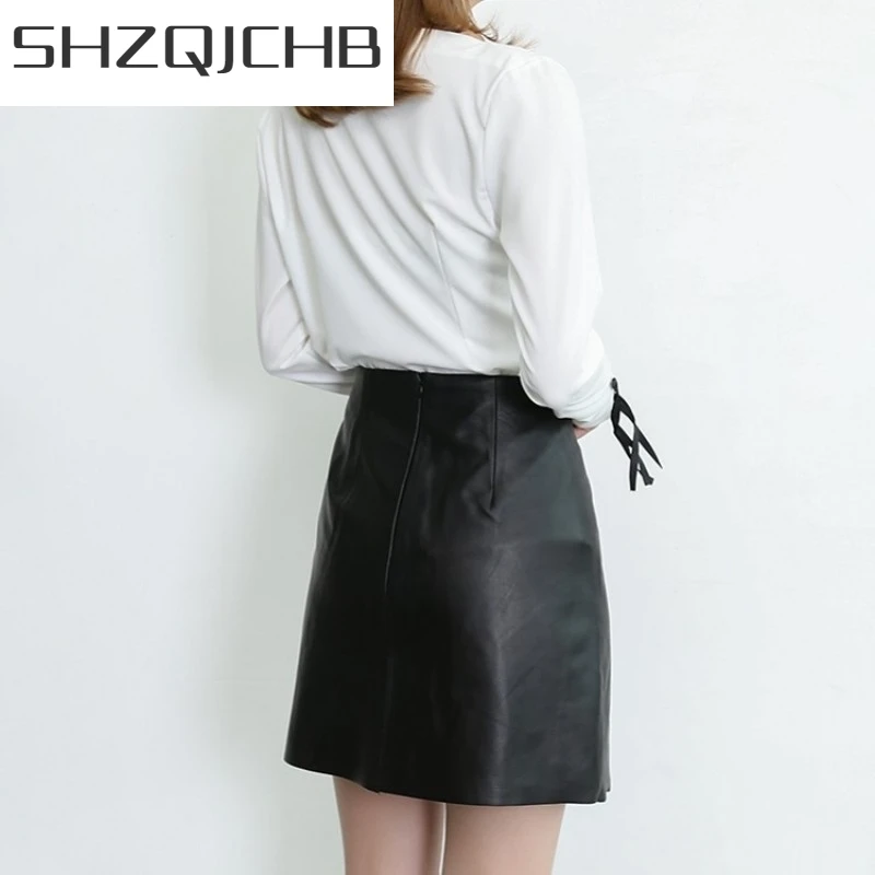 

JCHB 2021 Womens OL Style Real Leather Short Skirt Elegant High Waist A-Line Skirt Autumn Winter Black Sheepskin Pleated Wrap Sk