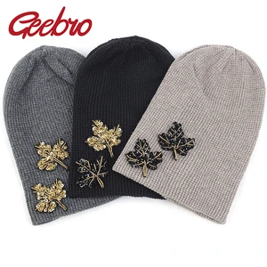 Geebro, модные женские вязаные шапки, стразы с бусинами в виде дерева, шапки, женские мягкие, из шерстяные, мешковатые хлопка, тонкие шапки в рубчик