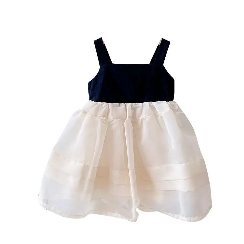 

2021 Girls Dress Summer Cute Strap Patchwork Mesh Apricot Solid Skirt Cute A-line Cute Princess Dress 18M-6T