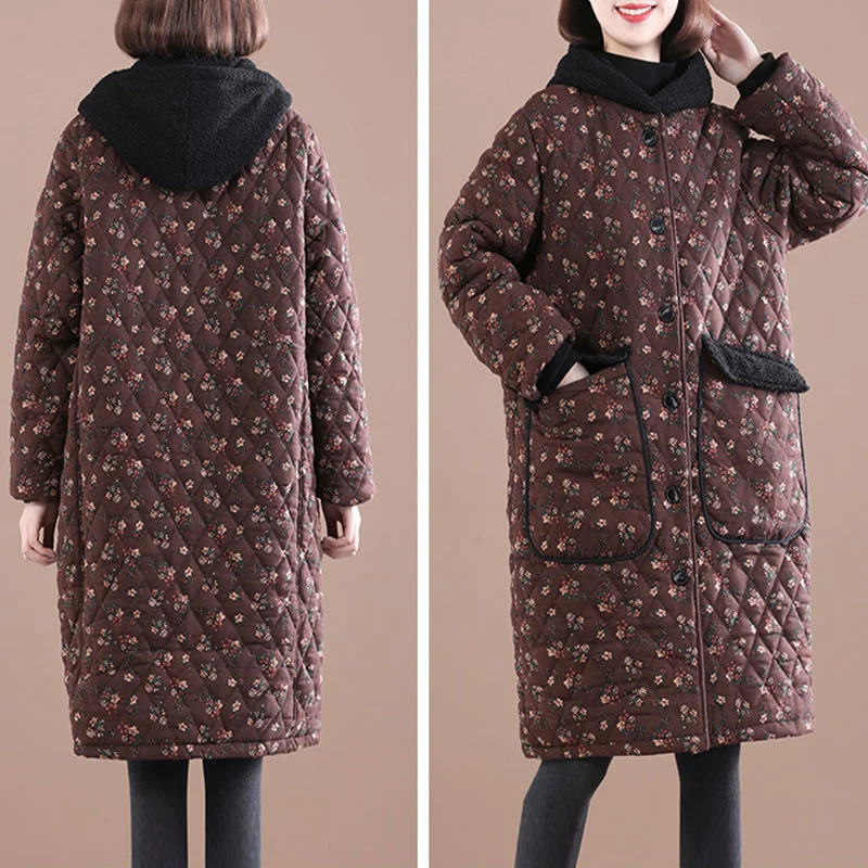 2021 New Autumn Winter Women Thicken Cotton Padded Jacket Coat Casual Loose Floral Print Hooded Parkas Warm Overcoat