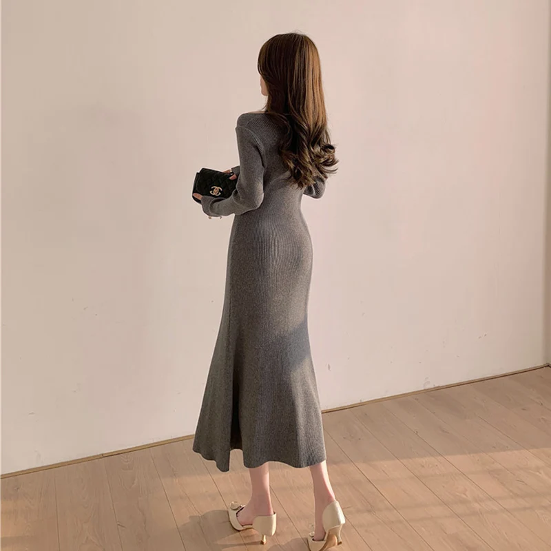 Осеннее длинное стильное платье-свитер с длинным рукавом соблазнительное