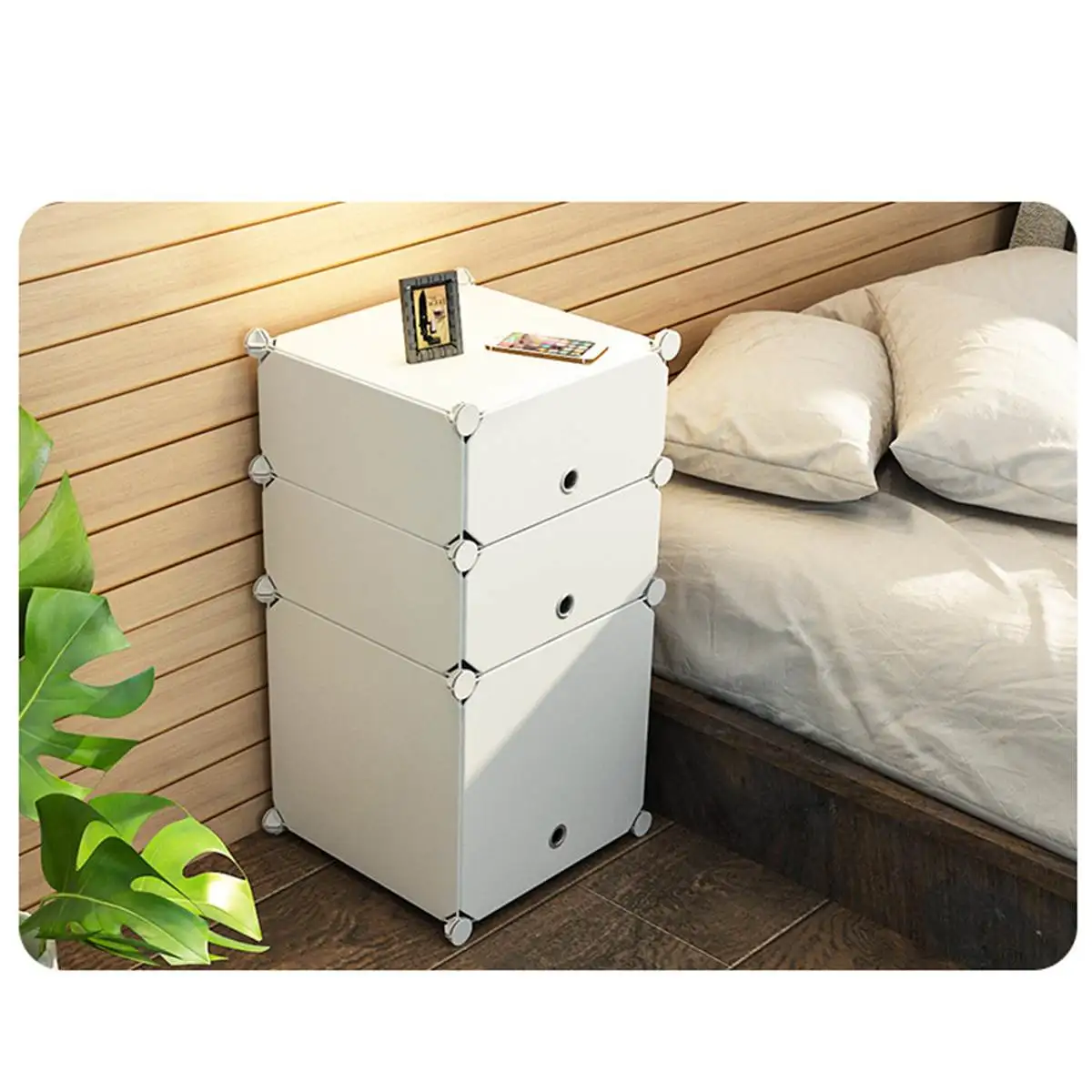 

Nightstand Beside Table Plastic Organizer Storage Cabinet with Doors DIY Simple Assembly Night Stand Table for Bedroom Office