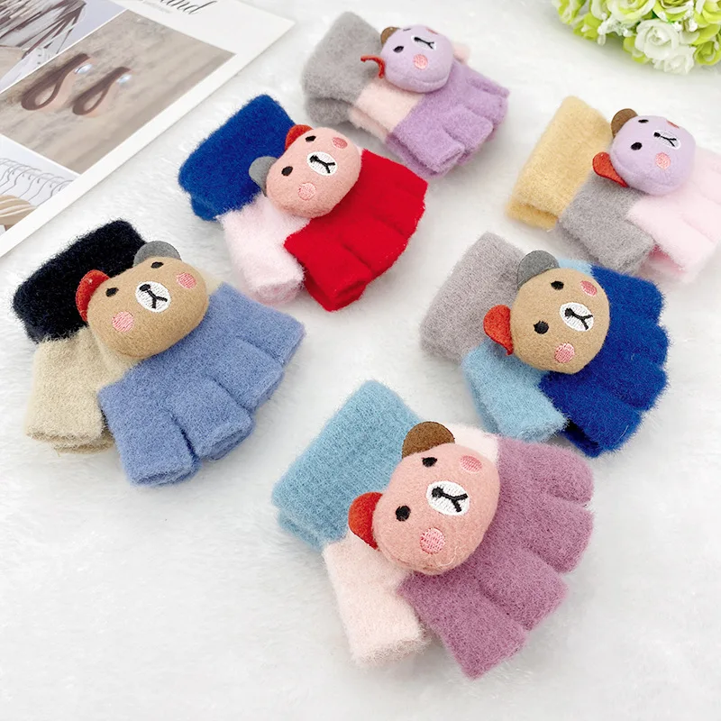 

Kids Gloves New 0-3 Years Cute Cartoon Bear Baby Boys Girls Gloves Winter Knit Wool Newborn Warm Mittens Velvet Thick Children