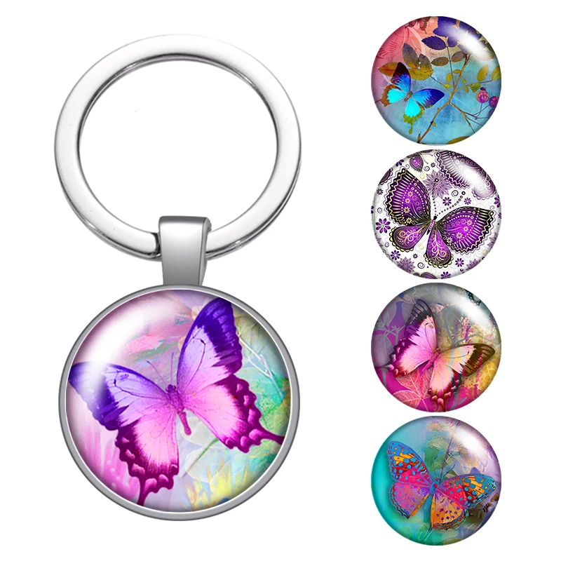 Красивый яркий волшебный стеклянный кабошон с бабочкой для цепочек ключей сумок