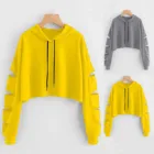 Модный женский укороченный пуловер для девочек, Повседневная Толстовка с дырками, куртка от пота, однотонные Короткие топы с длинным рукавом, одежда # T3G