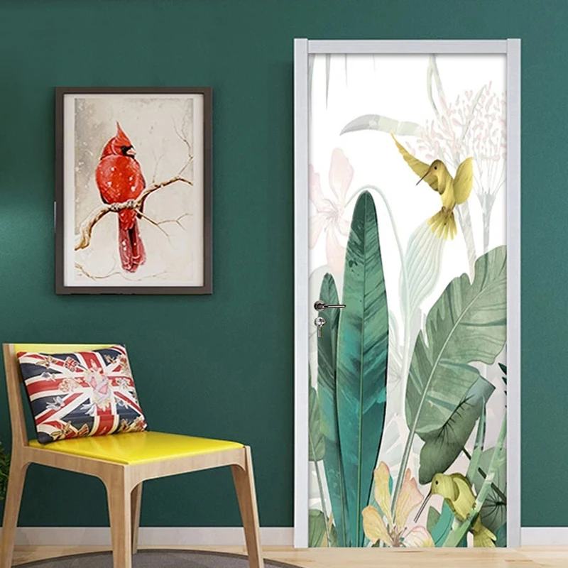Banana Leaf Flower Bird Door Sticker Mural Waterproof Wallpapers For Living Room Bedroom Home Decoration Photo Wallpaper | Обустройство