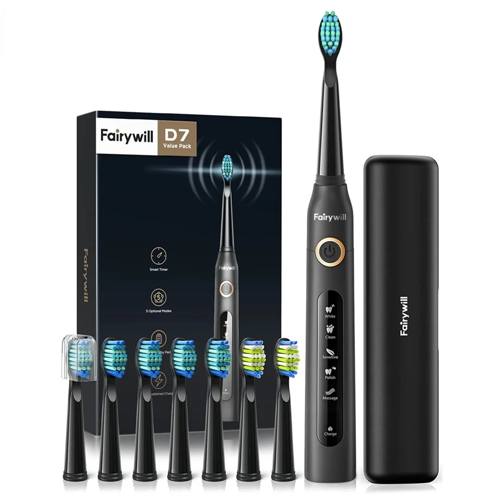 

Fairywill Electric Sonic Toothbrush FW-507 USB Charge Rechargeable Adult Waterproof Electronic Tooth 8 Brushes Replacement Heads