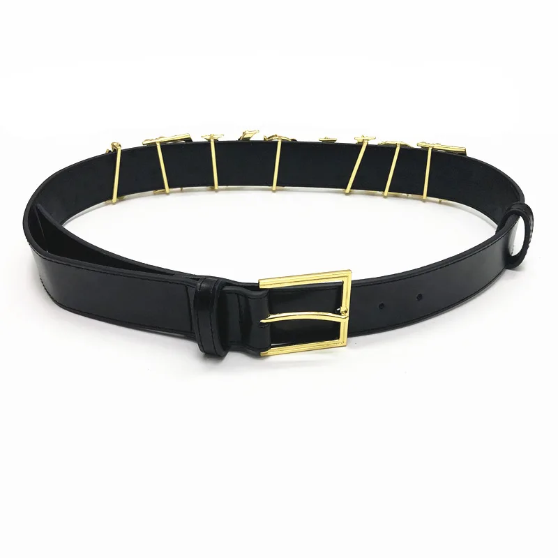 

Genuine Leather Belt For Women Luxury Gold Letters Waistband Alloy Pin Buckle Vintage Women's Belts 2021